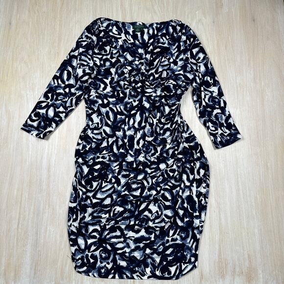 Lauren Ralph Lauren Dresses & Skirts - Lauren Ralph Lauren Navy White Abstract Print Ruched 3/4 Sleeve Sheath Dress 16